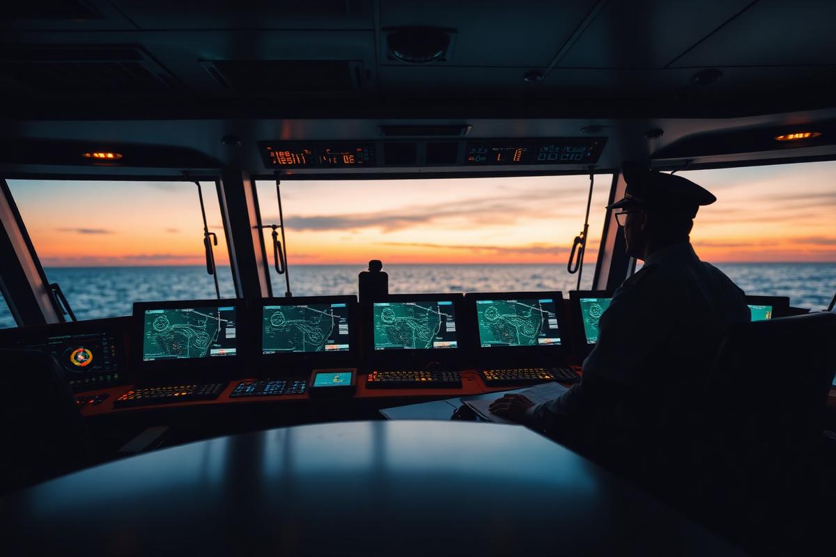 Officer working with ECDIS displays on a ship bridge at dusk